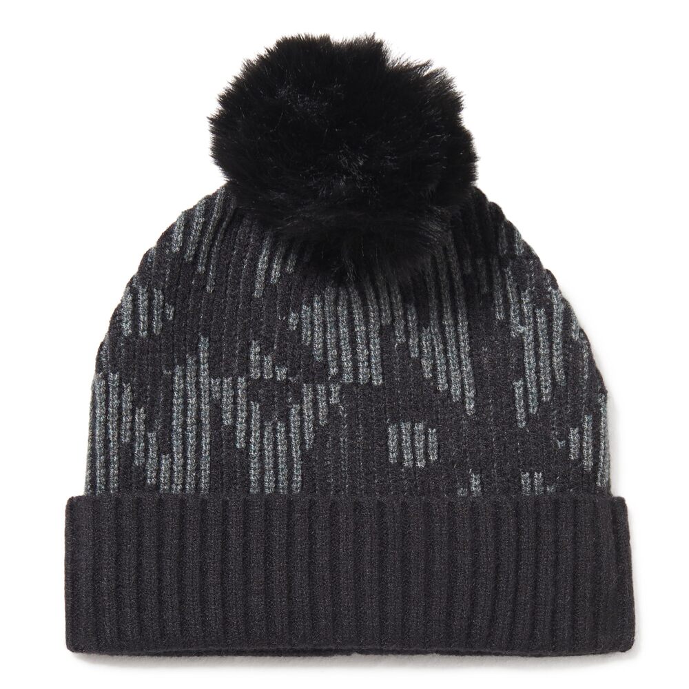 6265 Ribbed Logo Faux Fur Pom Beanie, Charcoal